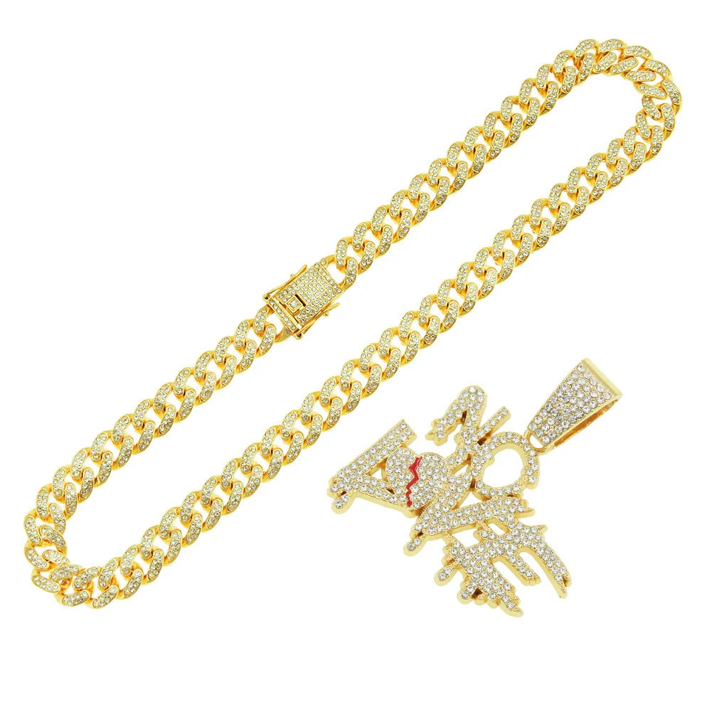 Alloy Letter Broken Heart Diamond Stitching Pendant Necklace for Men Cuban Chain Style