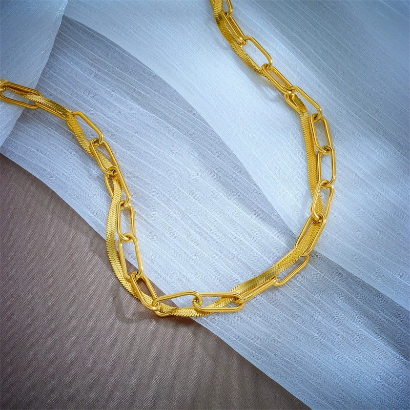 Punk Hip Hop Personality Design Contrast Color Double Layer Chain Titanium Steel Geometric Heavy Industry Necklace with Electroplating