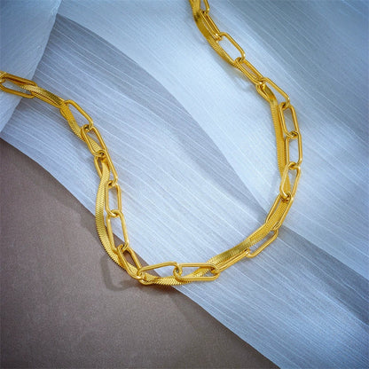 Punk Hip Hop Personality Design Contrast Color Double Layer Chain Titanium Steel Geometric Heavy Industry Necklace with Electroplating