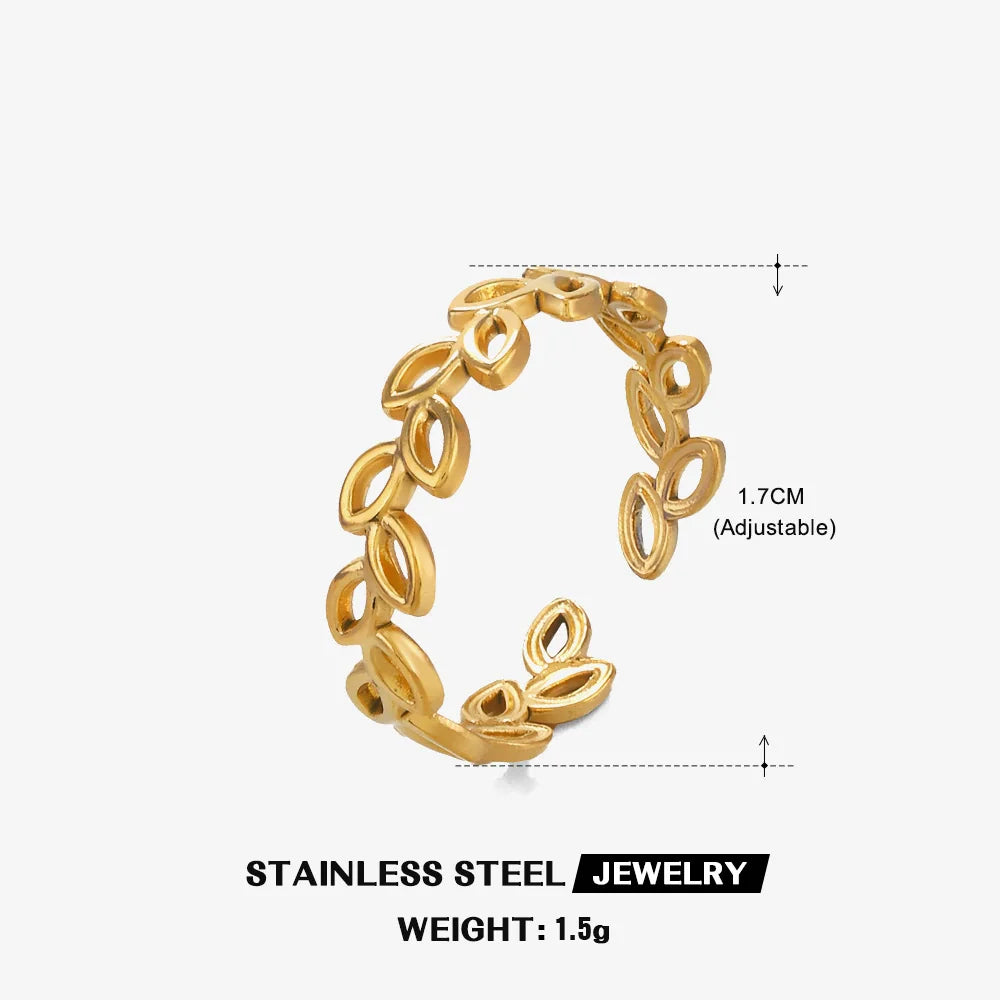 Wholesale Women'S Stainless Steel Leaf Geometric Open Adjustable Ring with Electroplating