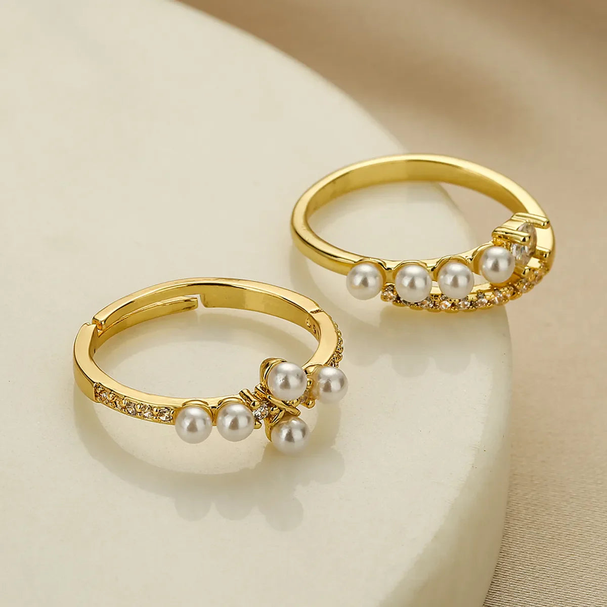 Simple Style Geometric Copper 18K Gold Plated Artificial Pearls Zircon Open Ring in Bulk