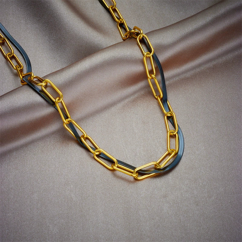 Punk Hip Hop Personality Design Contrast Color Double Layer Chain Titanium Steel Geometric Heavy Industry Necklace with Electroplating
