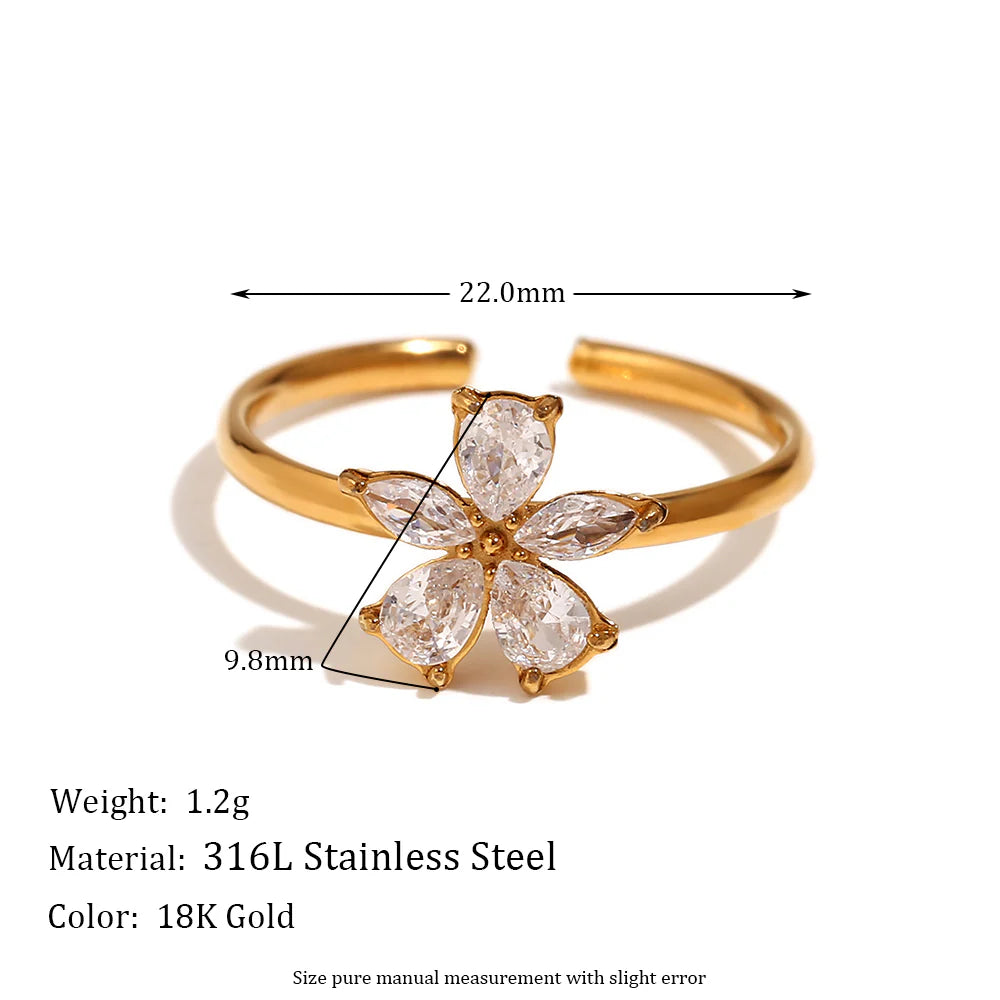 Simple Style Flower Stainless Steel Plating Zircon 18K Gold Plated Open Rings
