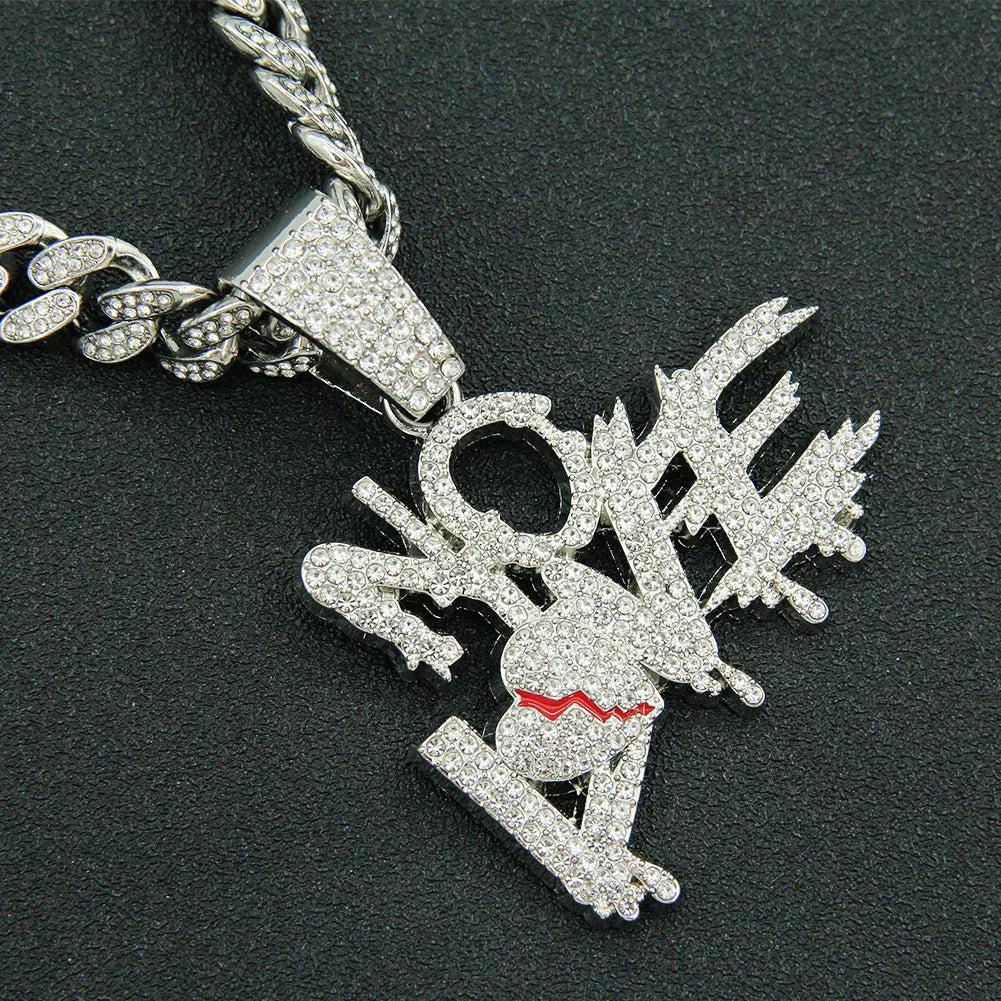 Alloy Letter Broken Heart Diamond Stitching Pendant Necklace for Men Cuban Chain Style