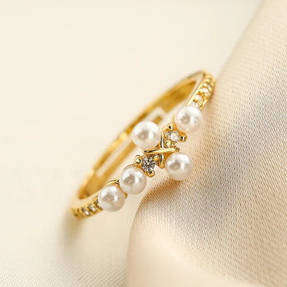 Simple Style Geometric Copper 18K Gold Plated Artificial Pearls Zircon Open Ring in Bulk