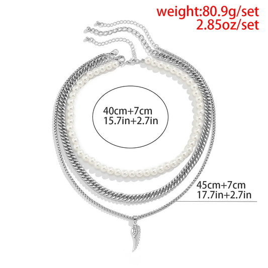 Men'S Feather Pendant Multilayer Pearl Metal Alloy Necklace Retro Style