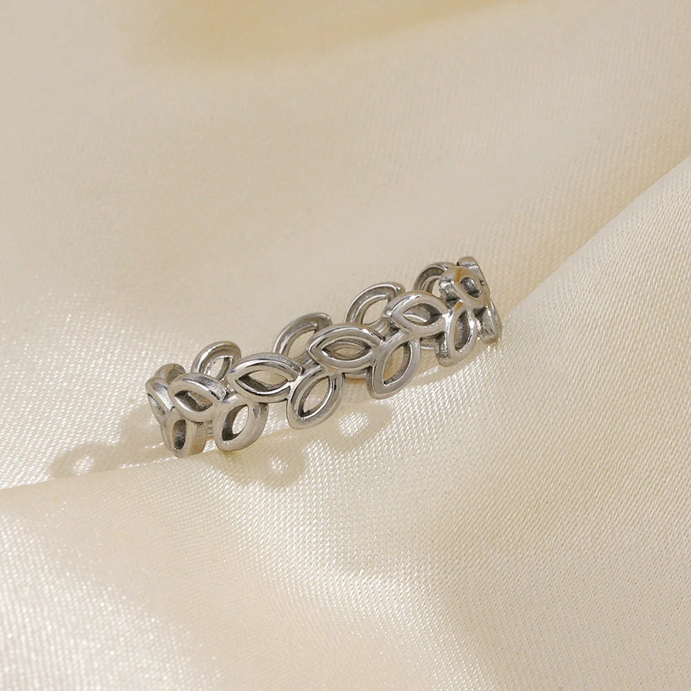 Wholesale Women'S Stainless Steel Leaf Geometric Open Adjustable Ring with Electroplating