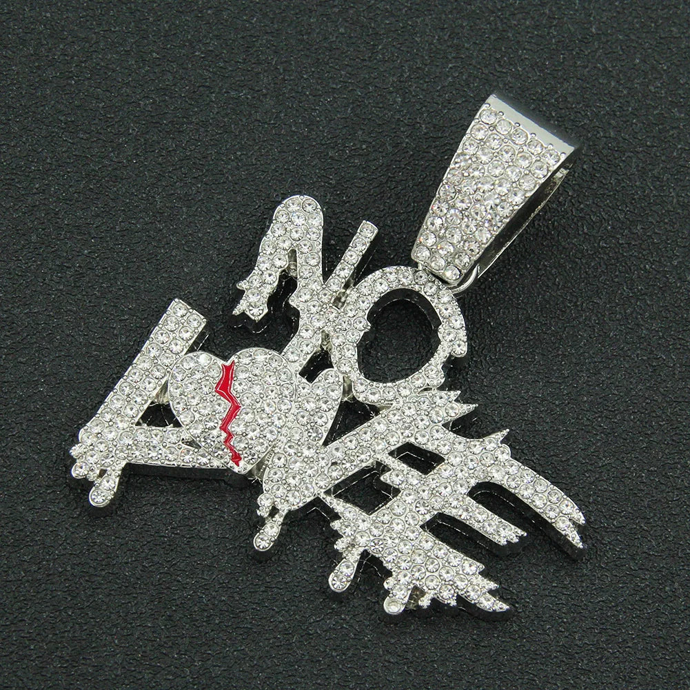 Alloy Letter Broken Heart Diamond Stitching Pendant Necklace for Men Cuban Chain Style