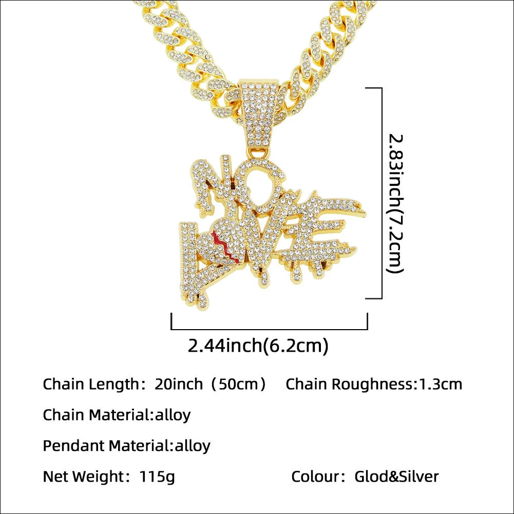 Alloy Letter Broken Heart Diamond Stitching Pendant Necklace for Men Cuban Chain Style