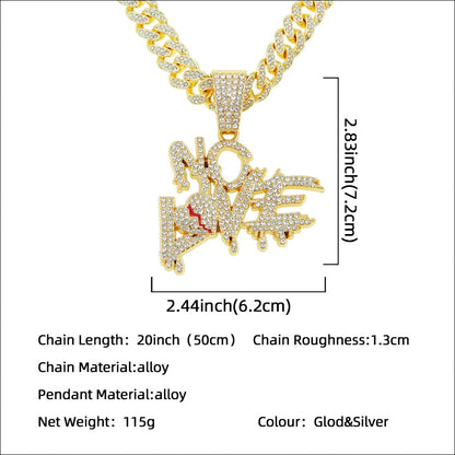 Alloy Letter Broken Heart Diamond Stitching Pendant Necklace for Men Cuban Chain Style