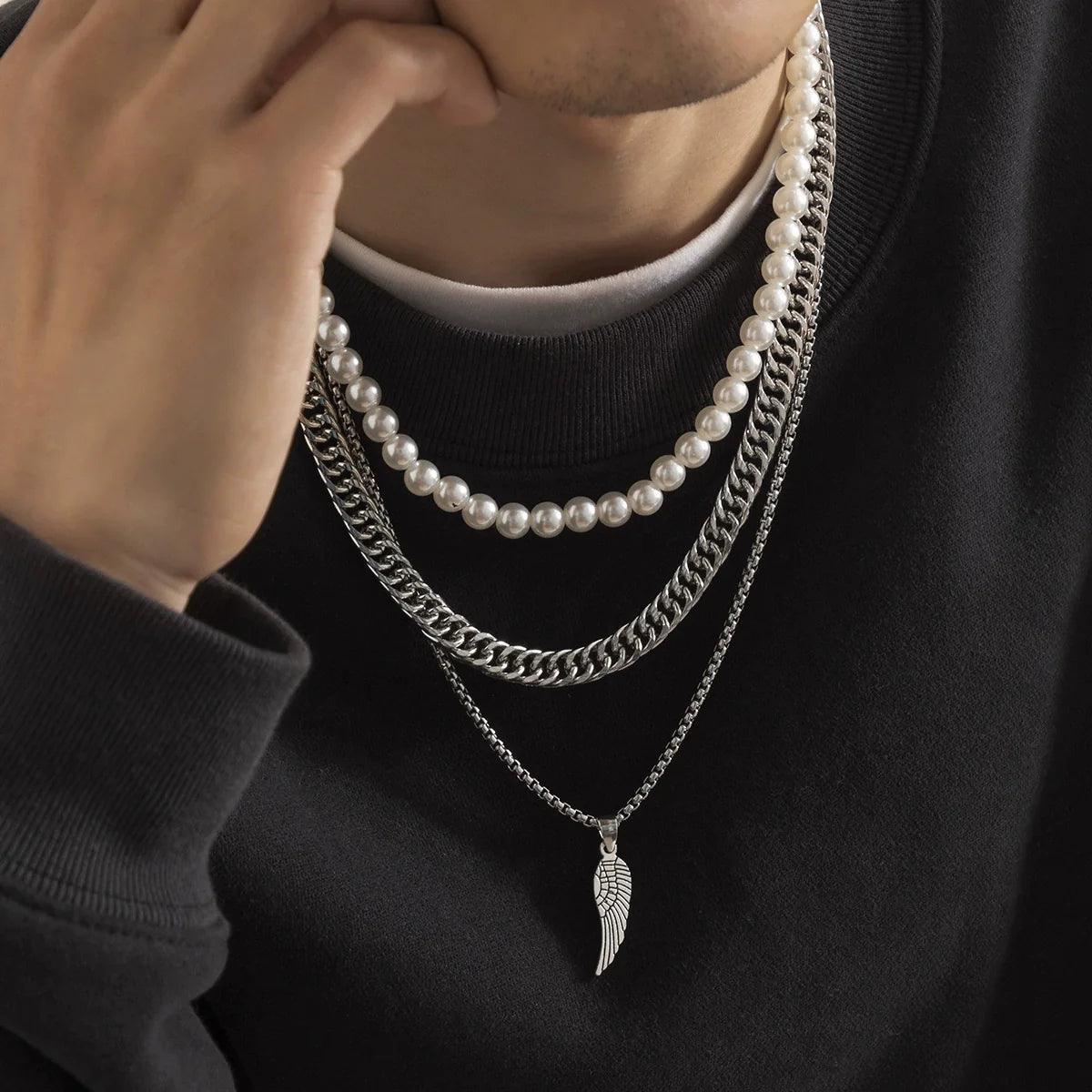 Men'S Feather Pendant Multilayer Pearl Metal Alloy Necklace Retro Style